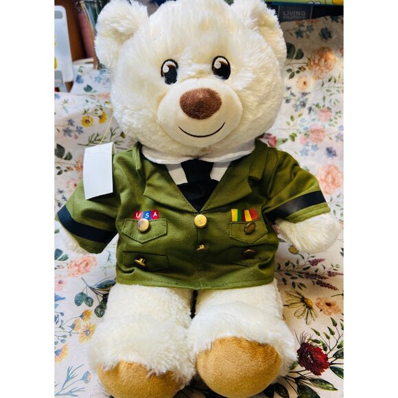 Build-A-Bear Workshop White Bear In Green Military Jacket - Picture 1 of 5